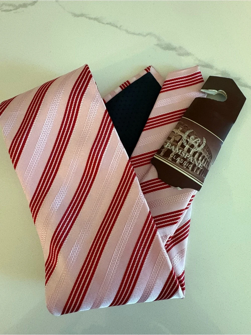 BAMSPANE Classic Men’s Necktie Pink Red White Striped Herringbone Texture NWT